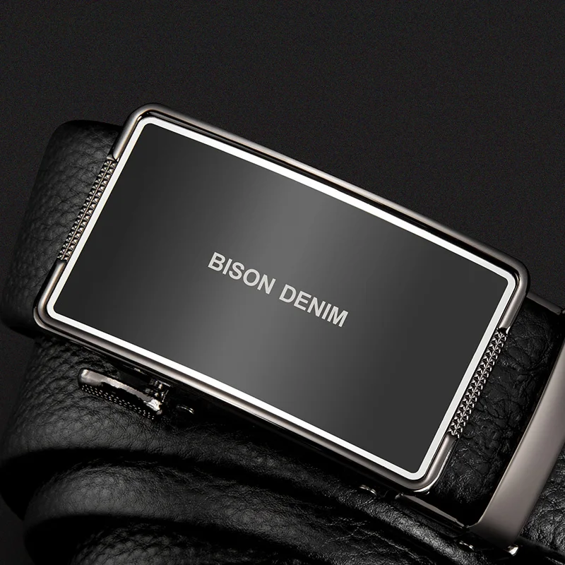 Мужской ремень из натуральной кожи BISON DENIM черный с автоматической пряжкой