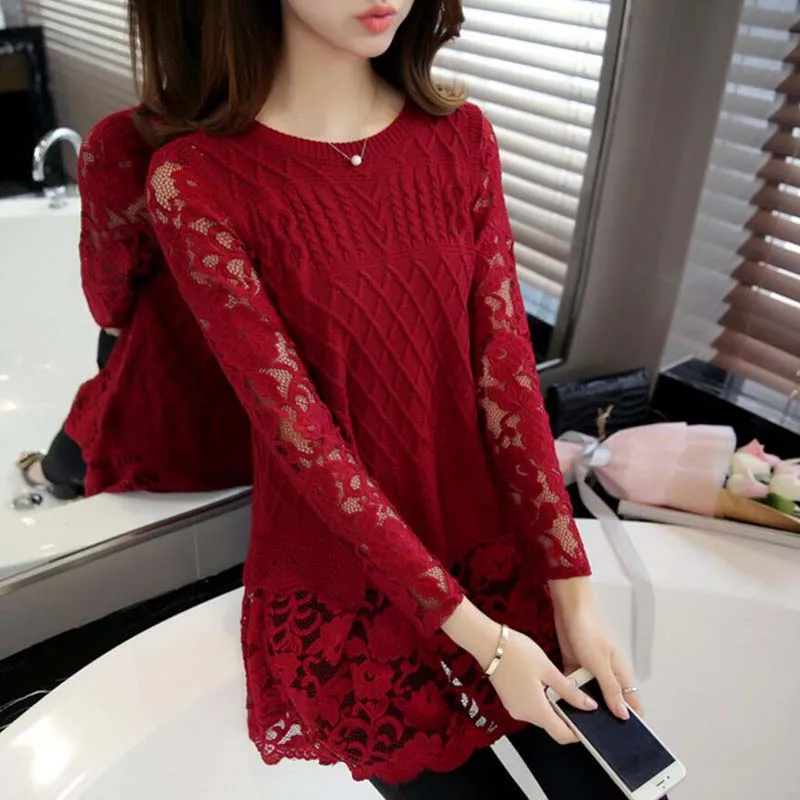 New 2018 Autumn winter Women Sweater Lace Patchwork Bottoming Shirt Fashion Long Sleeve O-neck Loose LY1305 | Женская одежда