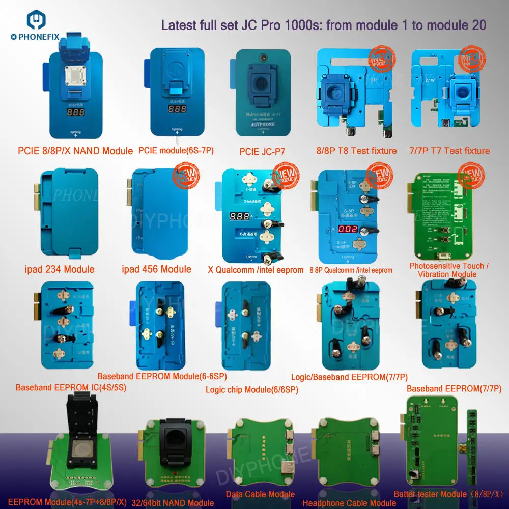 full set PHONEFIX JC Pro1000s NAND программист инструмент для ремонта чтения и записи батарея кабель для передачи данных тестер наушников для iPhone 4 5 6 6S 7 7P 8 8P X - Цвет: full set
