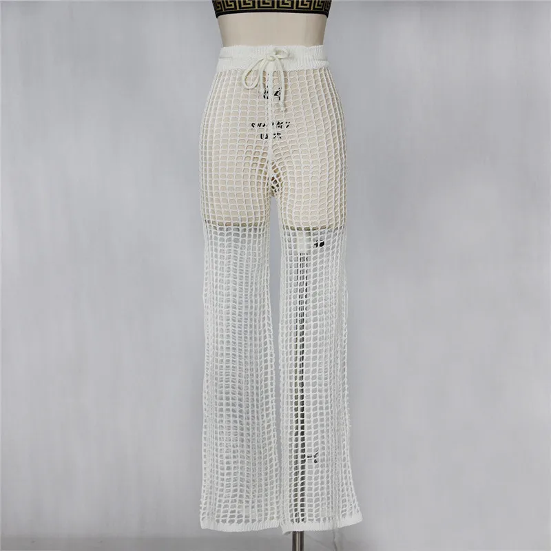Adogirl Women Beach Flare Pants Solid Knitted Hollow Out Fishnet Wide Leg Pants High Waist Lace Up Sashes Night Club Trousers