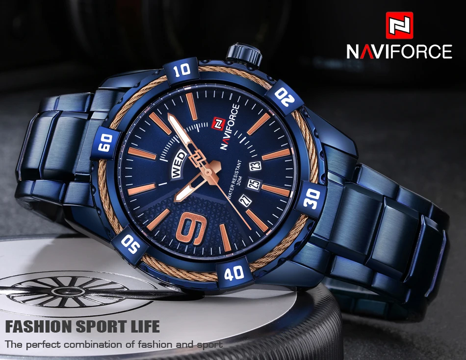 NAVIFORCE мужские часы с датой недели, спортивные мужские часы, Топ бренд, Роскошные военные армейские деловые Стальные наручные кварцевые мужские часы 9117