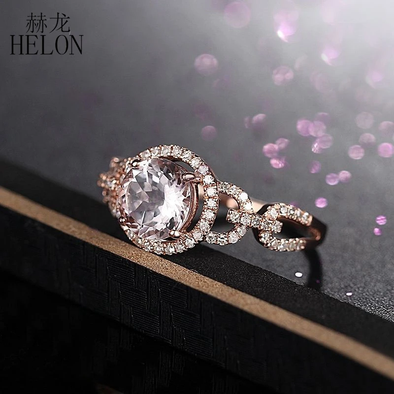 HELON Solid 14K розовое золото Сертифицированный круглый 1.12ct морганит алмазное обручальное кольцо для женщин для романтической свадьбы, вечеринки подарок ювелирные изделия
