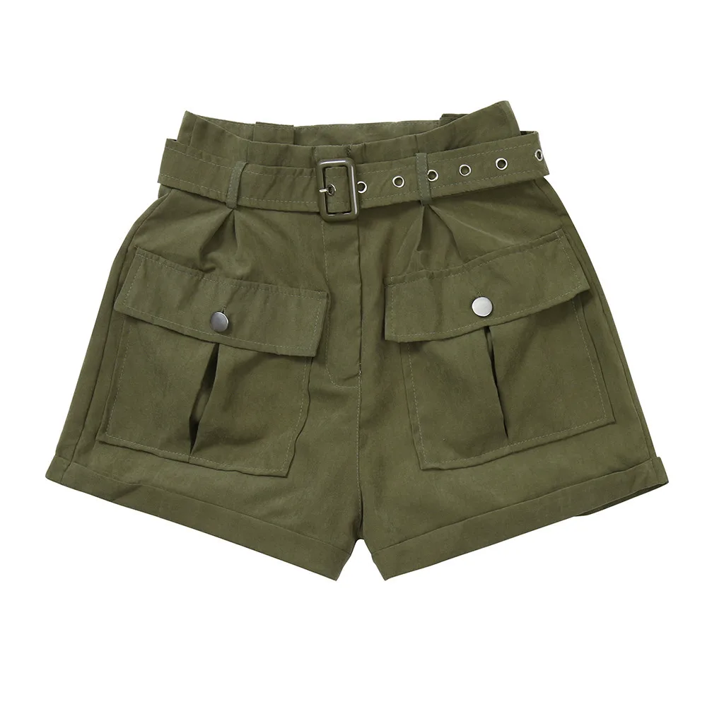 Шорты женские зеленые с карманами свободные ремнем 2019 | Женская одежда