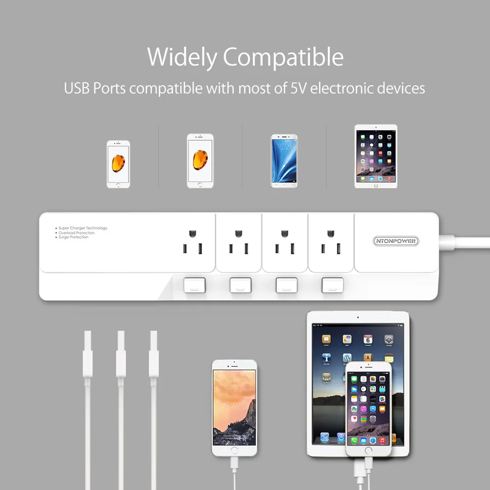 NTON power NSJ US Plug power Strip с USB зарядным устройством, защита от перенапряжения, 4 розетки переменного тока, индивидуальный выключатель, управляемый 5 usb-зарядными портами