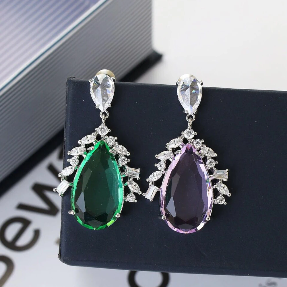 Сверкающие длинные водяная капля свисающие свадебные серьги с фианитом класса