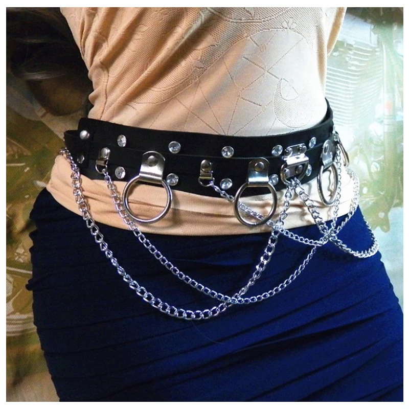 Faux Leather Belt Metal Chain Ring Punk All Match Waist Strap Personalized Dress jeans Waist Belt Straps Suspenders Belt Decor