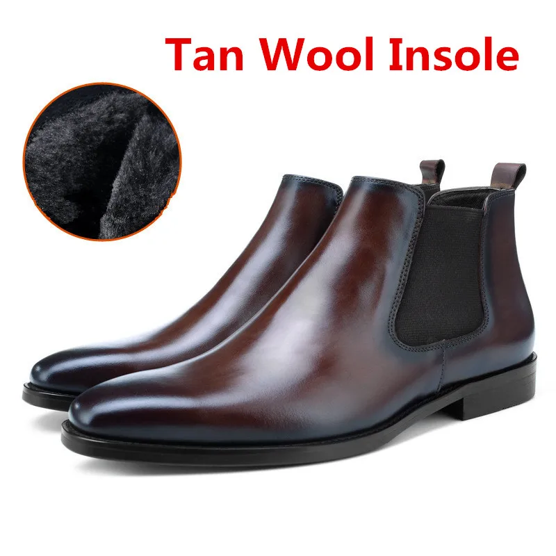 Tan Wool Insole Теплая стелька из шерсти; цвет черный, коричневый; ботинки «Челси»; мужские Ботильоны; зимние модельные ботинки из натуральной кожи; Мужская офисная обувь - Цвет: Tan Wool Insole