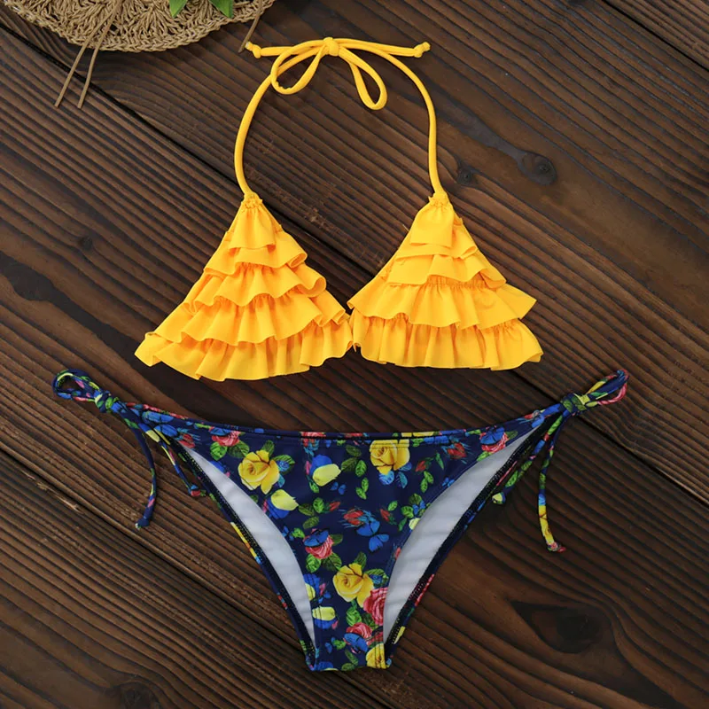Женское Бразильское бикини с рюшами сексуальный купальник пуш ап цветочным