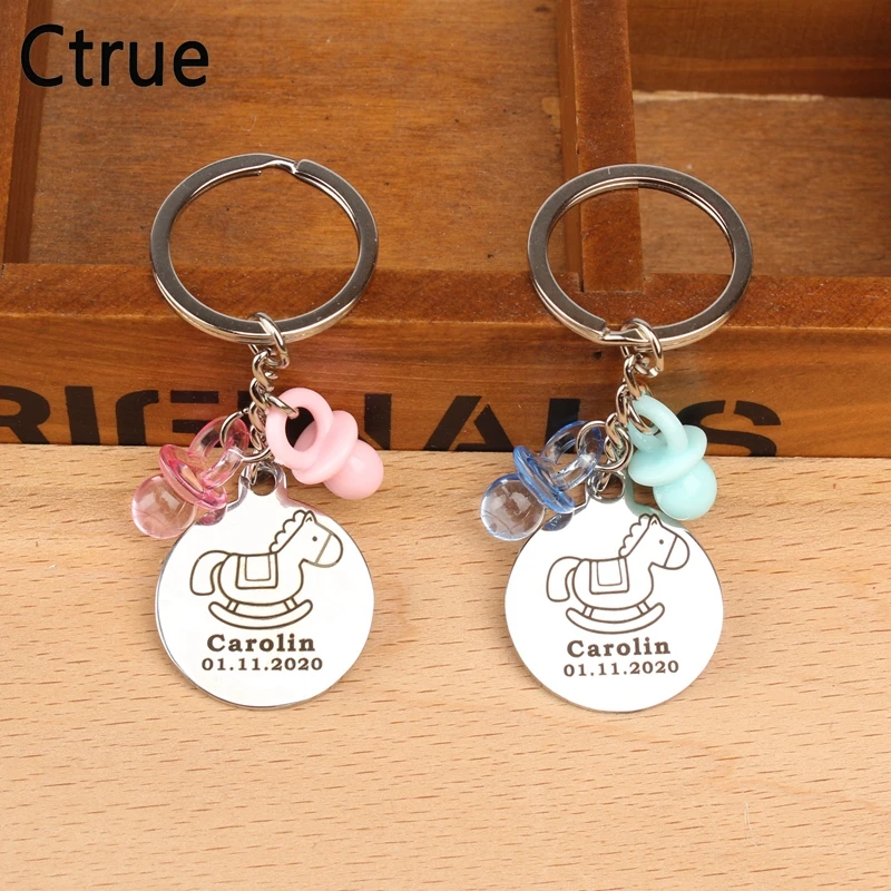

10pcs Personalized name date alloy Keychain with Nipple Engraved keyring birthday party decorations kids baby shower souvenirs