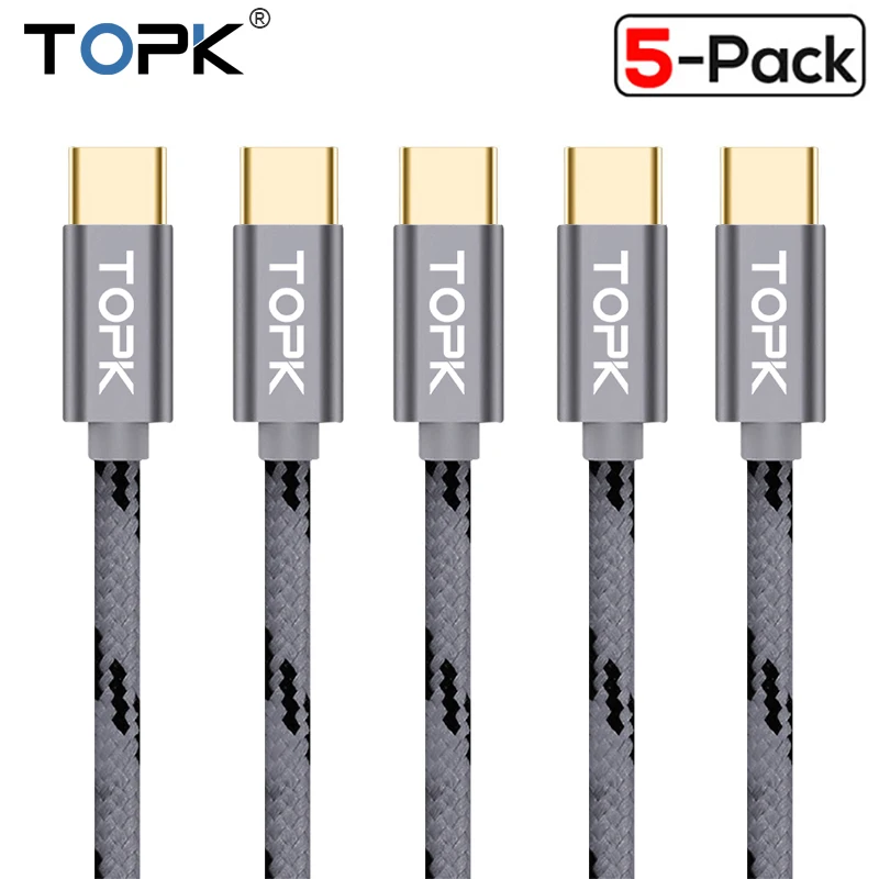 USB C кабель TOPK 5 шт. в упаковке ультра прочный и Дата-кабель usb type C кабель для OnePlus 2 3 Nexus 5X/6P xiaomi mi5 huawei P9 Lumia 950