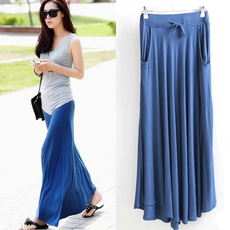 Весенне летние женские длинные облегающие однотонные юбки макси из модала с