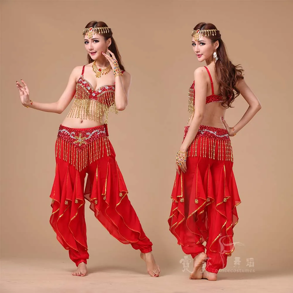 Женский костюм для танца живота с блестками и длинными брюками поясом индийская