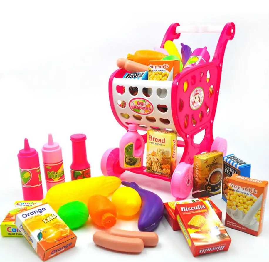 Yellow MylitDear детские игрушки, имитация магазинная Тележка для покупок большой размер тележки с фруктовыми овощами кухонные игрушки для детей - Цвет: Yellow