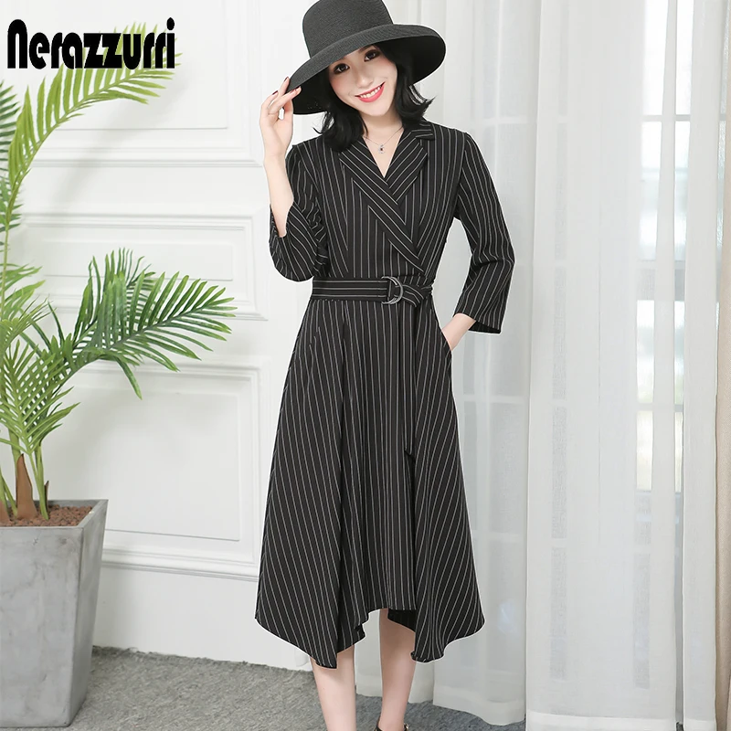 Nerazzurri High low dress women with sleeves long midi elegant notched lapel plus size striped work office dress with belt 5xl