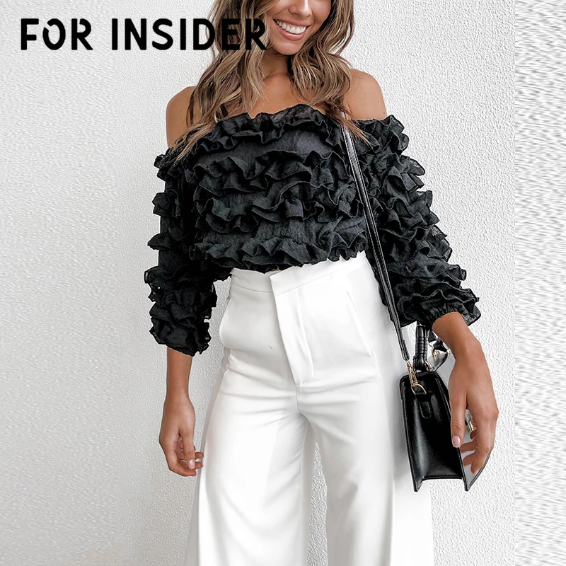 Для инсайдера с открытыми плечами рюшами черная блузка рубашка женская короткая