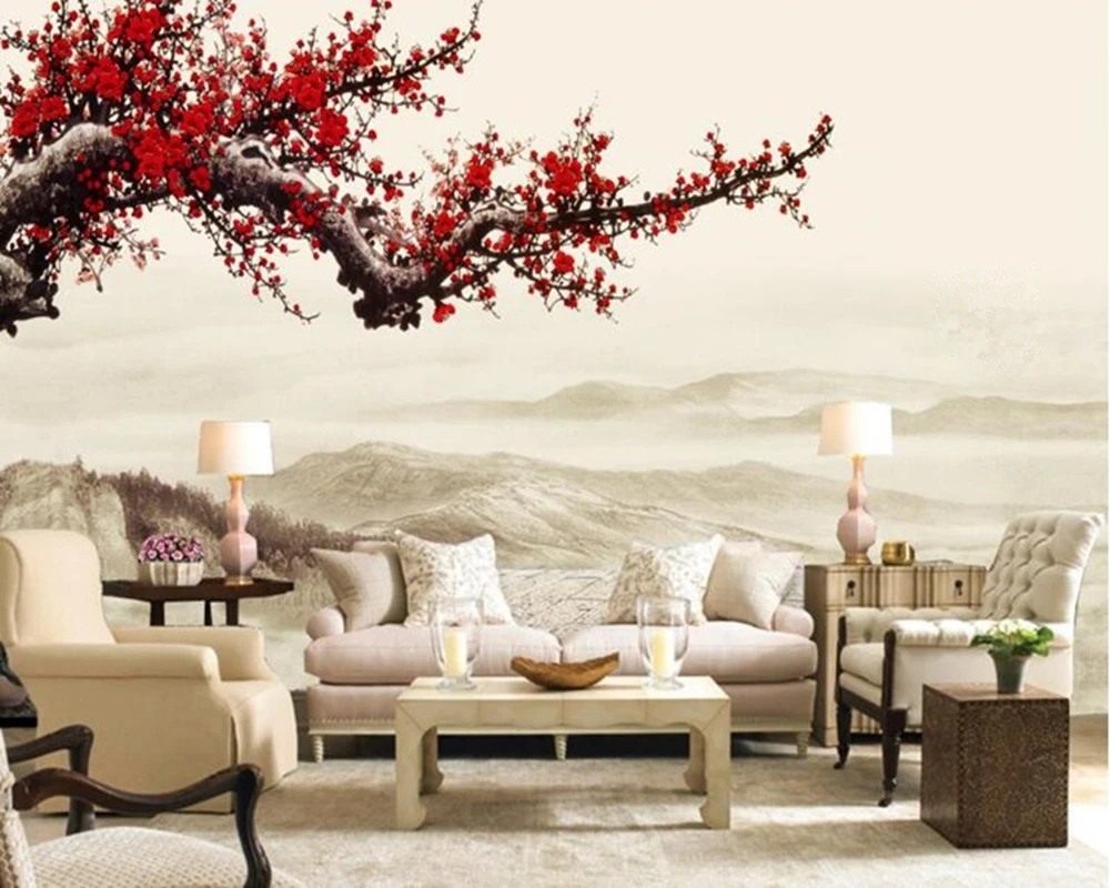 Настенные обои для домашнего декора 3d в китайском стиле с красными цветами сливы