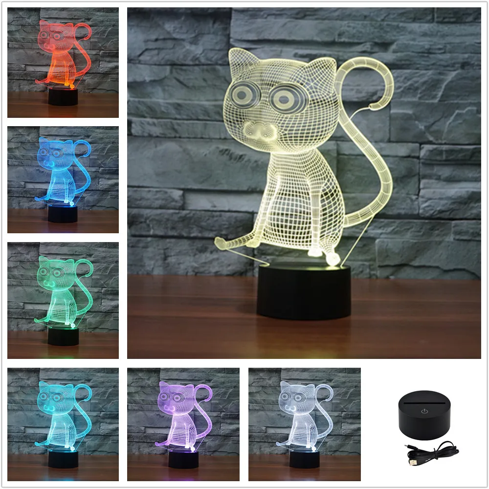 AUCD Cute Animal Cat Colorful 3D Visual Night Light Acrylic Touch Swtich Table Lamp Decoration Bedroom Office Ambient Lights 293|night light|3d