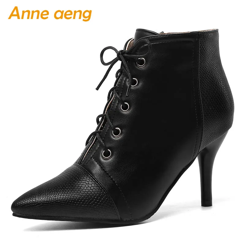 

2019 New Winter Women Ankle Boots High Thin Heels Pointed Toe Lace-Up Sexy Ladies Women Shoes Black Warm Boots Big Size 33-46