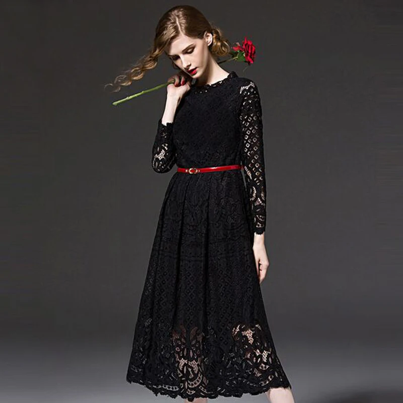 Высокое качество 2017 женское богемное кружевное платье Весна Осень вязанное