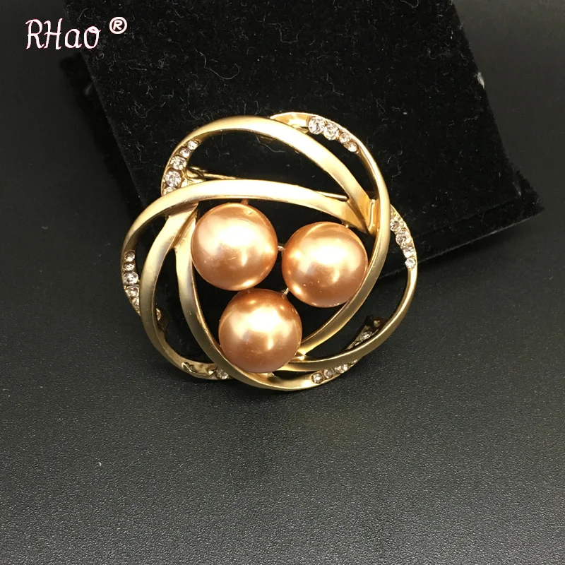 RHao Gold 3 pearls Winding brooches Corsage For Women Men suit coat jewelry accessories Kids Dress scarf clips hijab pins gifts | Украшения