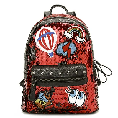 A red Рюкзак с блестками для женщин, с заклепками, граффити, вышивка, школьная сумка для девочек-подростков, сумка для книг, женский маленький дорожный рюкзак женский Mochila - Цвет: A red