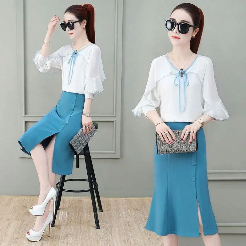 Женский комплект из двух предметов винтажный шифоновый костюм с топом и юбкой