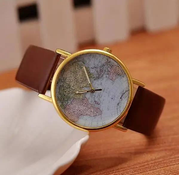 Женские кварцевые часы коричневого цвета из кожзаменителя с картой мира|gift gifts|gift
