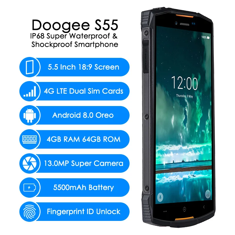 DOOGEE S55 ОЗУ 4 Гб ПЗУ 64 Гб 5," IP68 водонепроницаемый мобильный телефон MTK6750T Восьмиядерный Android 8,0 13 МП отпечаток пальца 4G смартфон