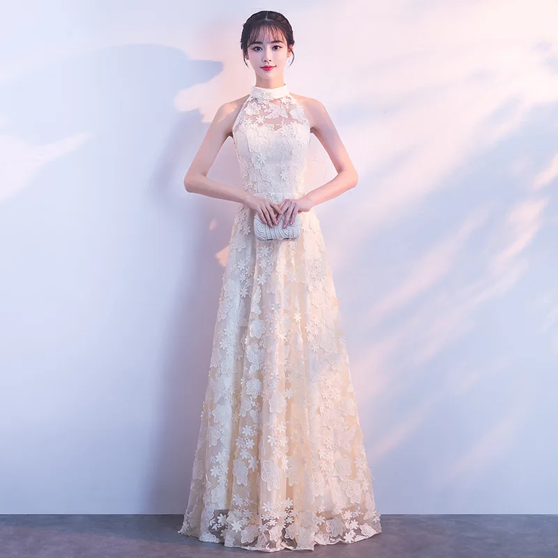Новинка китайский женский полный Длина Холтер Cheongsam элегантное кружево на свадьбу для подружки невесты платье оверсайз XXXL улучшенное Qipao