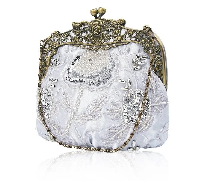silver 1920's Event, женские вечерние клатчи в античном стиле, Украшенные бусинами, Винтажная сумочка с розами, блестящий цветочный вечерний клатч для Great Gatsby Gala - Цвет: silver
