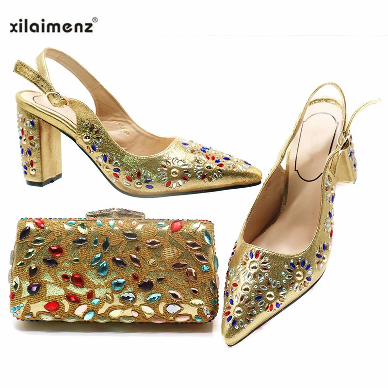 Розовый Модный Элегантный комплект из женских туфель и сумочки со стразами