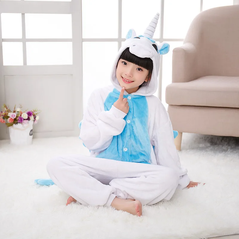 Unicorn Blue EOICIOI кигуруми Животное Единорог Стежка Пегас Пикачу Пижама Фланель с капюшоном Дети Пижамы Мультфильм Косплей Дети Пижамы Onesies пикачу одежда домашняя одежда детские пижамы для девочки - Цвет: Unicorn Blue
