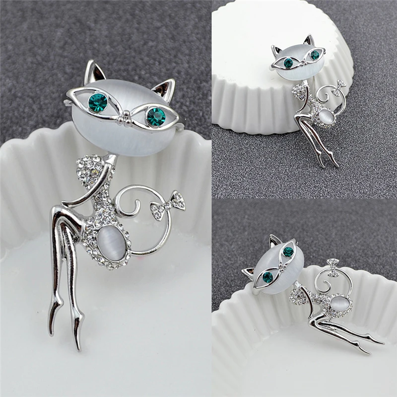 Elegant Noble Lady Cat Opal Crystal Brooch Korea High Quality Collar Pin Personality Clothing Accessories | Украшения и