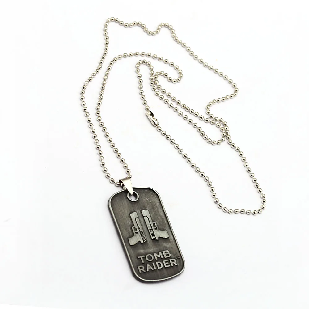 

Tomb Raider The 20th Anniversary Gun Pendant Necklaces Bead Chain Vintage Choker Necklace Alloy Dog Tag Fans Jewelry
