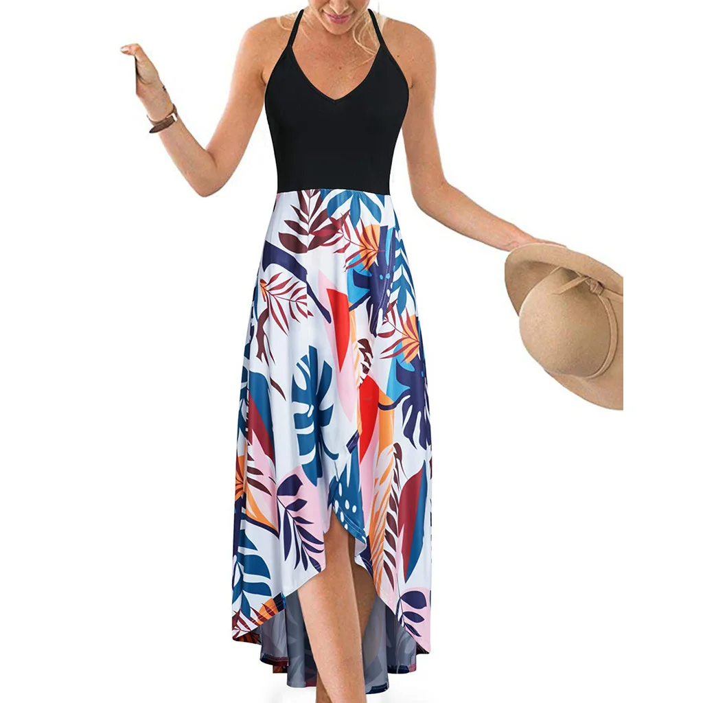 2019 Summer popular fashion cool long flora V-neck Sleeveless Strappy Backless Sexy Color Panel Printed Dress | Женская одежда