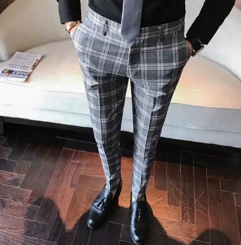 Мужская одежда брюки синий положенный бизнес случайный Slim Fit Pantalon A Carreau Homme классический винтажный клетчатый костюм брюки Свадебные брюки