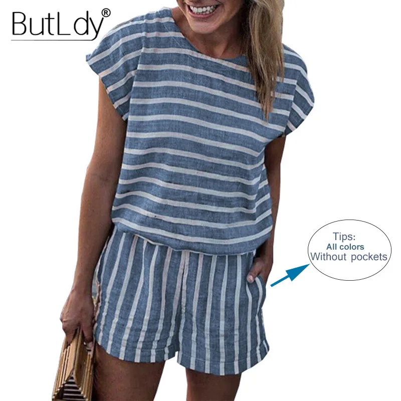 Женский свободный комбинезон в полоску Летний Пляжный с коротким рукавом