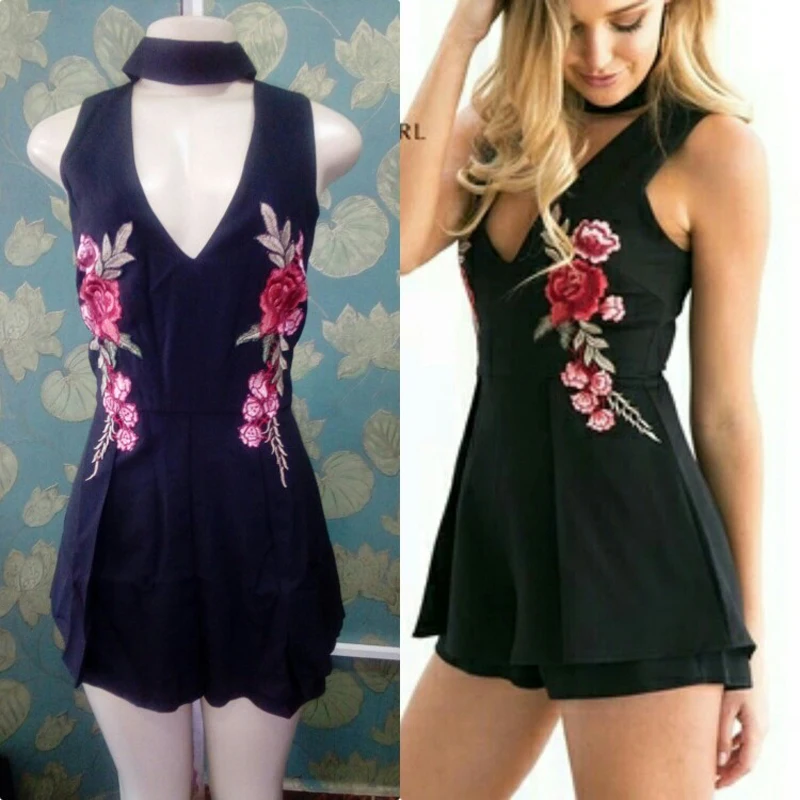 2017 Лето Элегантный V Шеи Роза Цветочной Вышивкой Женщины Комбинезоны Рукавов