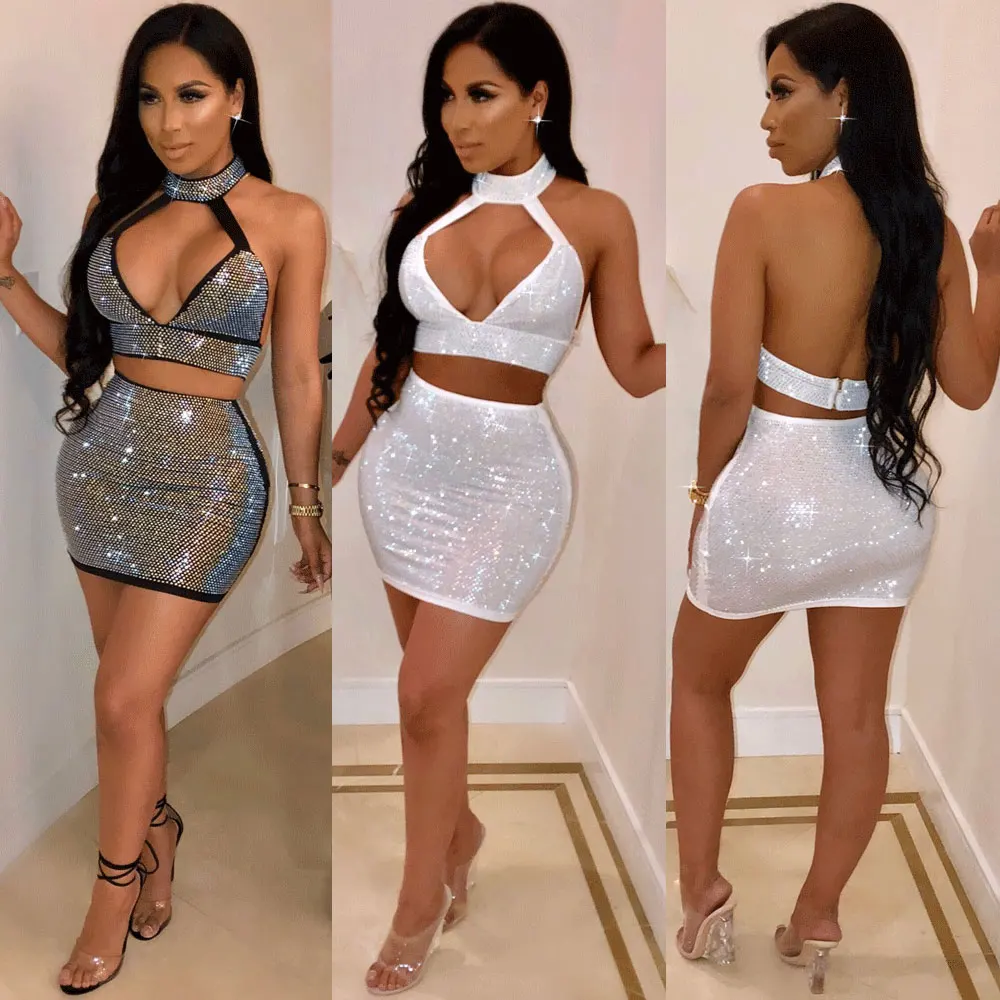 Хит продаж сексуальные комплекты с открытой спиной и юбкой стразы комбинезоны