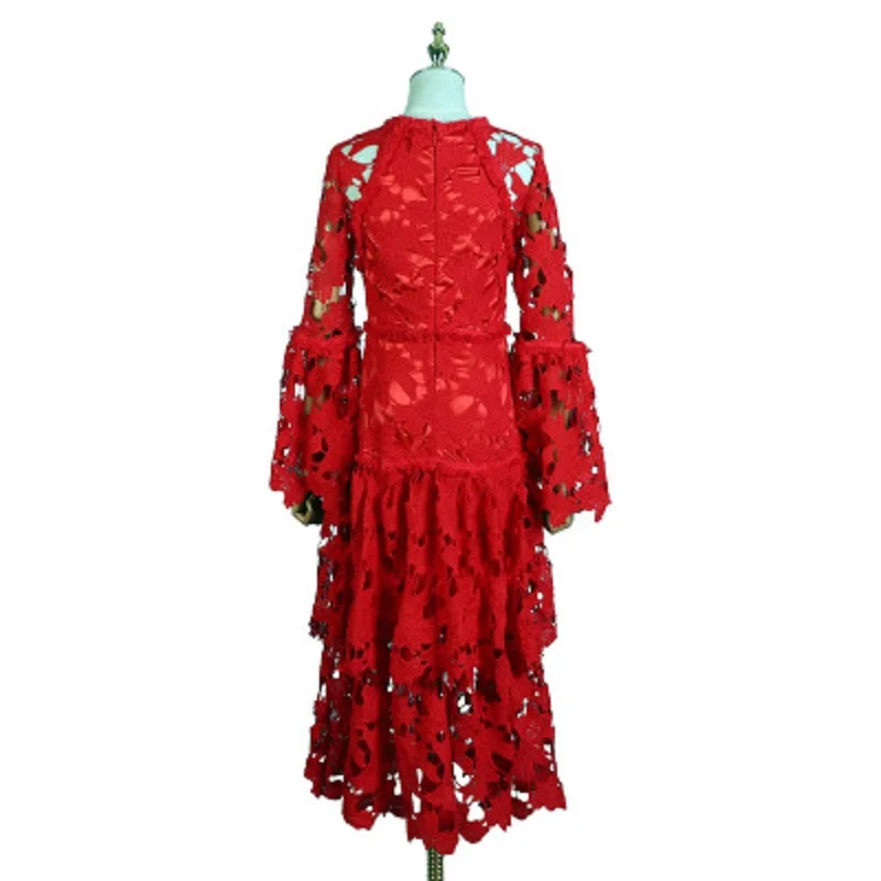 2019 Лето Boho Цветочные женские красные платье длины макси с кружевами Подиум