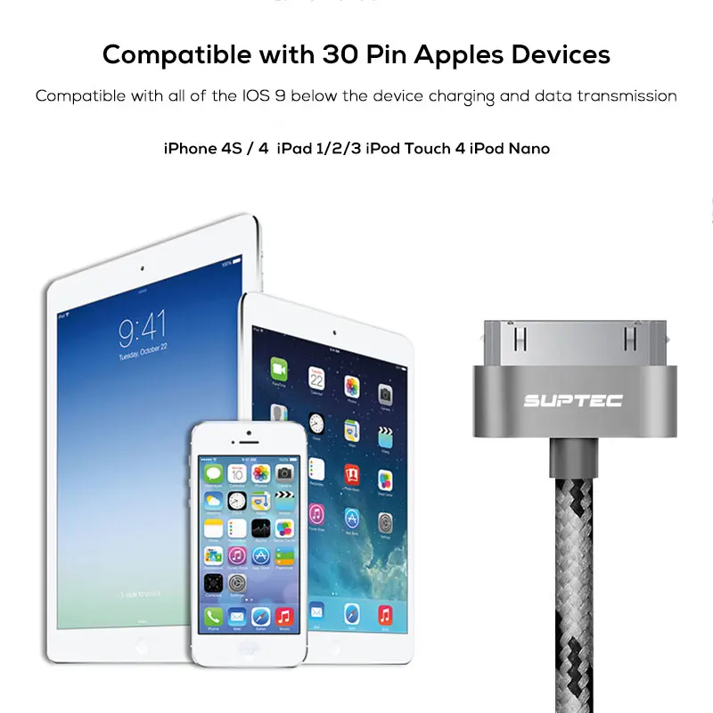 SUPTEC 30 Pin USB кабель для iPhone 4S 4 3GS iPad 1 2 3 iPod Nano itouch Кабель зарядного устройства 2 м 3 м Кабель-адаптер для быстрой зарядки и синхронизации данных