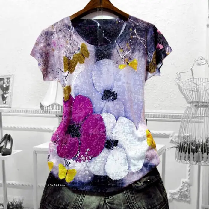 Женская шелковая футболка с коротким рукавом принтом в виде бриллиантов размера