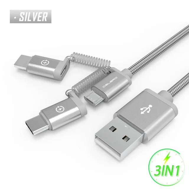 Silver 3 в 1 Micro usb type C кабель для быстрой зарядки для Xiaomi mi9 samsung s10 s9 Quick Charge 3,0 Android мобильный телефон Tipo C кабели для передачи данных - Цвет: Silver