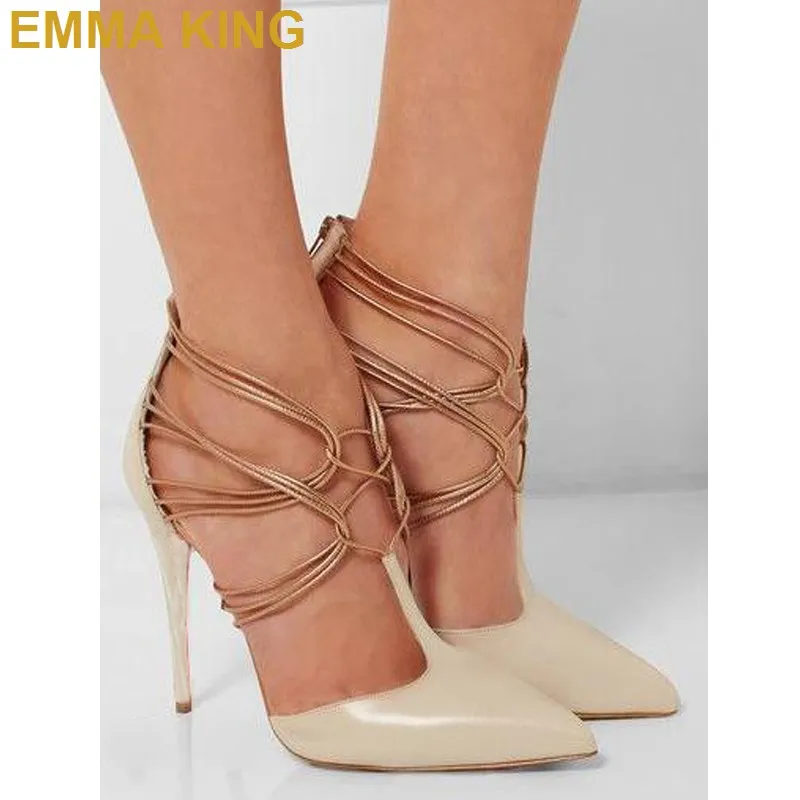 

Women Nude Heels Sexy Pointed Toe Cross Strappy Zip High Heels Ladies Shoes 10CM 12CM Stilettos Wedding Party Shoes