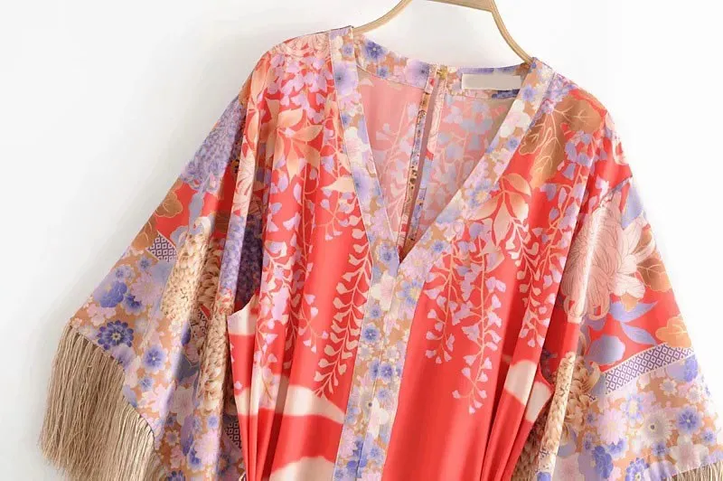 Летнее женское платье с кисточками кимоно цветочным принтом в стиле бохо