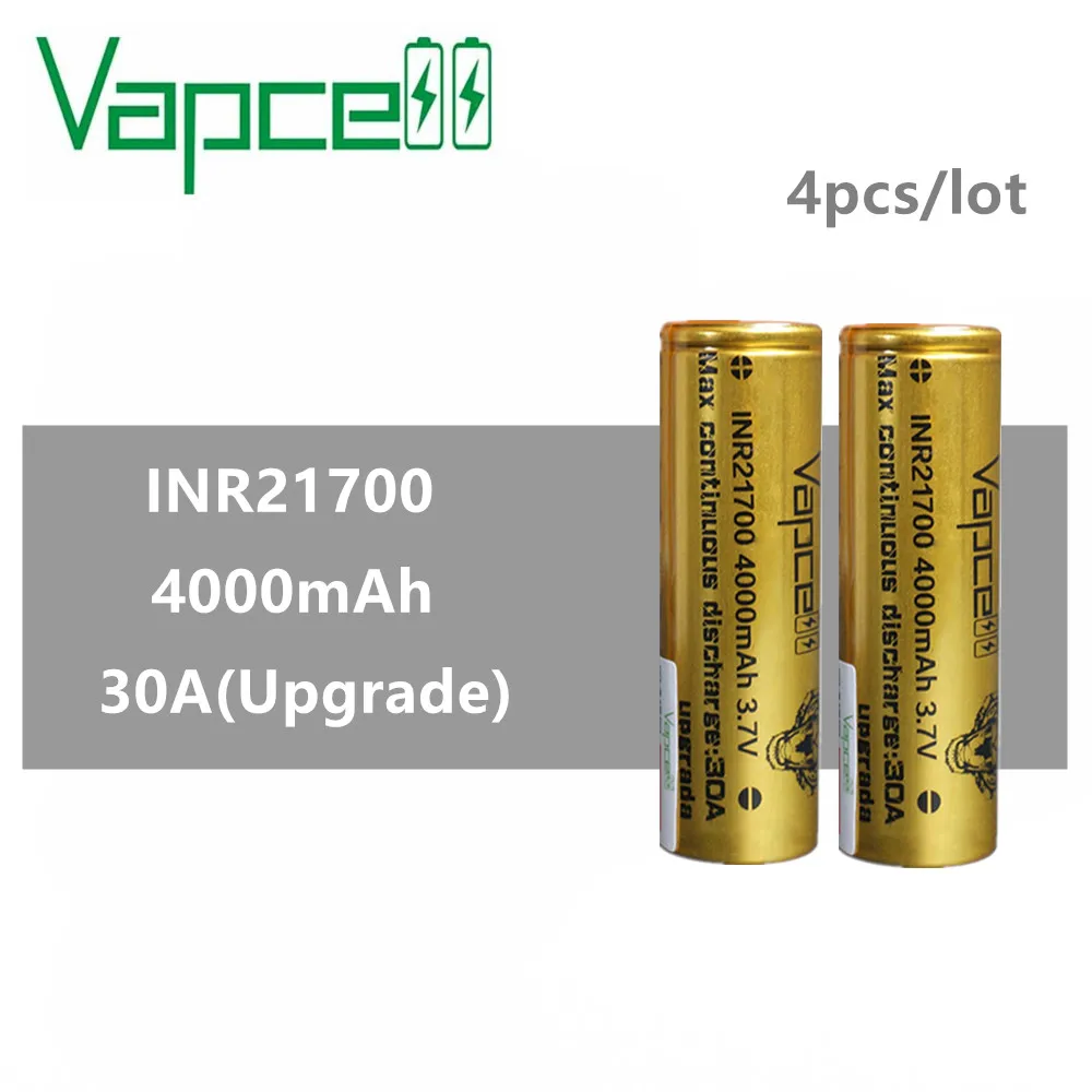 4 шт. перезаряжаемая литиевая батарея VAPCELL INR 21700 4000 мАч 30 А для фонариков