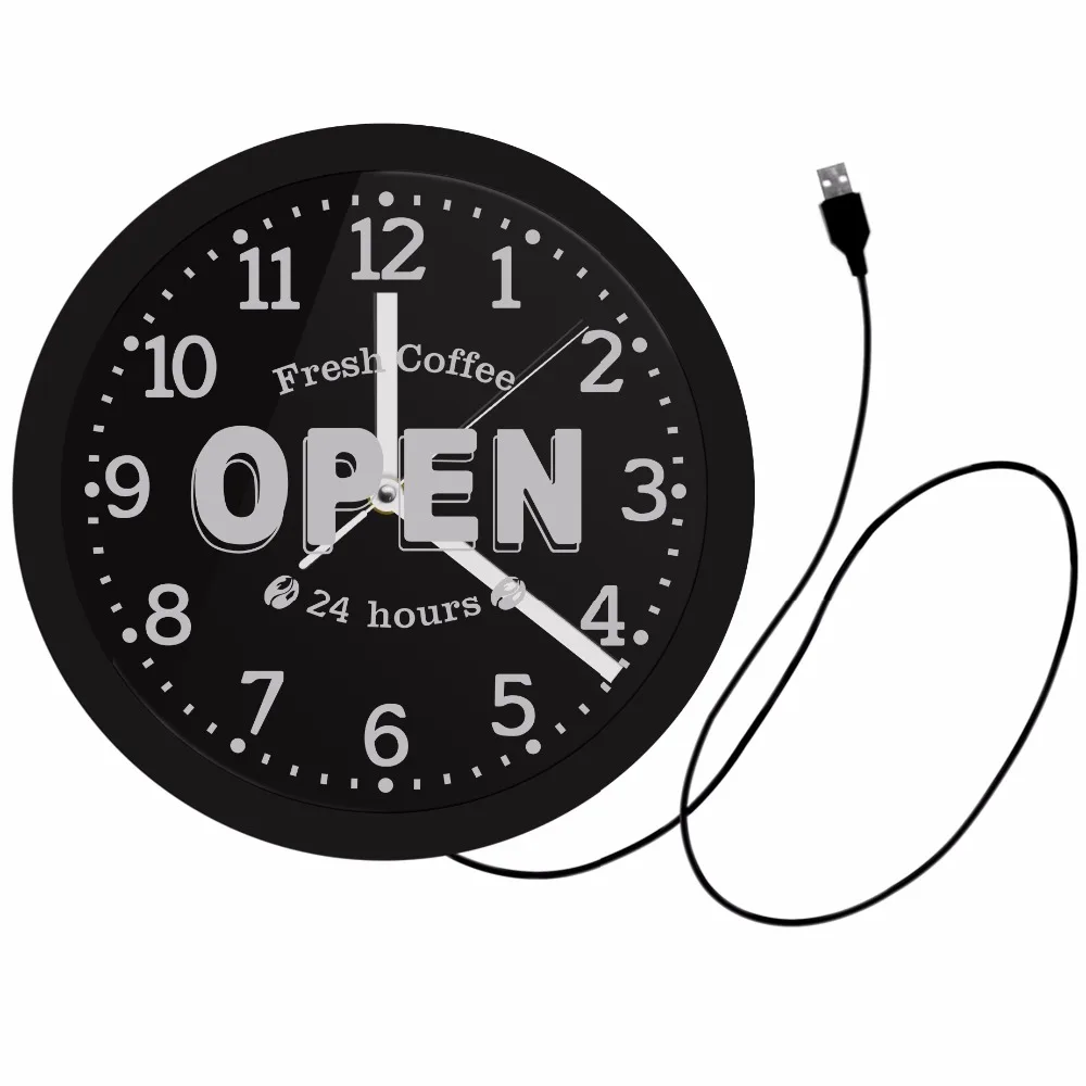 Свежий кофе Открытый 24 часа LED неоновая вывеска декоративные настенные часы