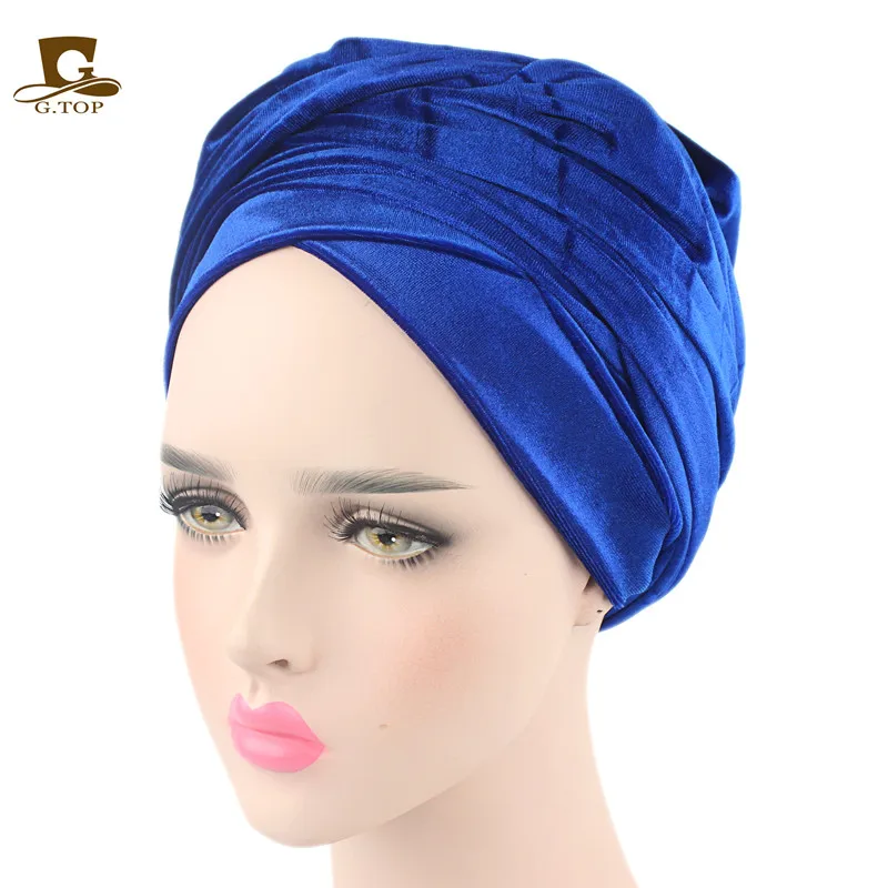 ROAYL BLUE Модный женский роскошный плиссированный бархатный Тюрбан Хиджаб головной убор Экстра длинный тубус индийский головной убор шарф галстук - Цвет: ROAYL BLUE
