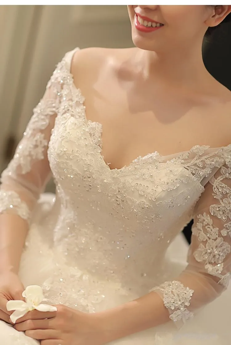 Халат De Mariage элегантная Иллюзия Роскошная свадебная одежда 3/4 рукав v-образный вырез кружева аппликационные Свадебные платья отвесный соборный поезд