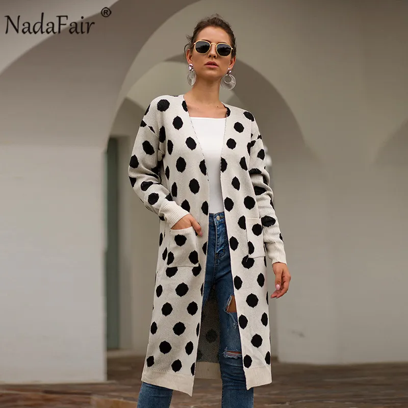 Nadafair осень зима длинный кардиган женский вязаный свитер открытый стежок горошек карманы свитер с открытым плечом пальто плюс размер - Цвет: Белый